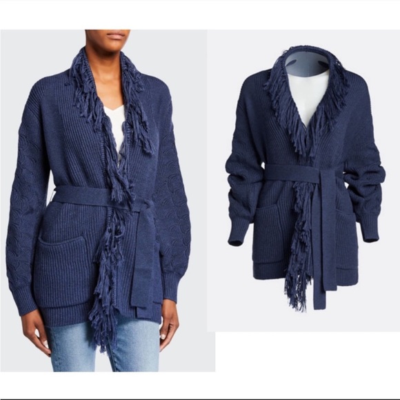 KOBI HALPERIN NWT Luxe Wool Knit Navy Blue Monica Fringe Belted Cardigan Sweater - Picture 10 of 16